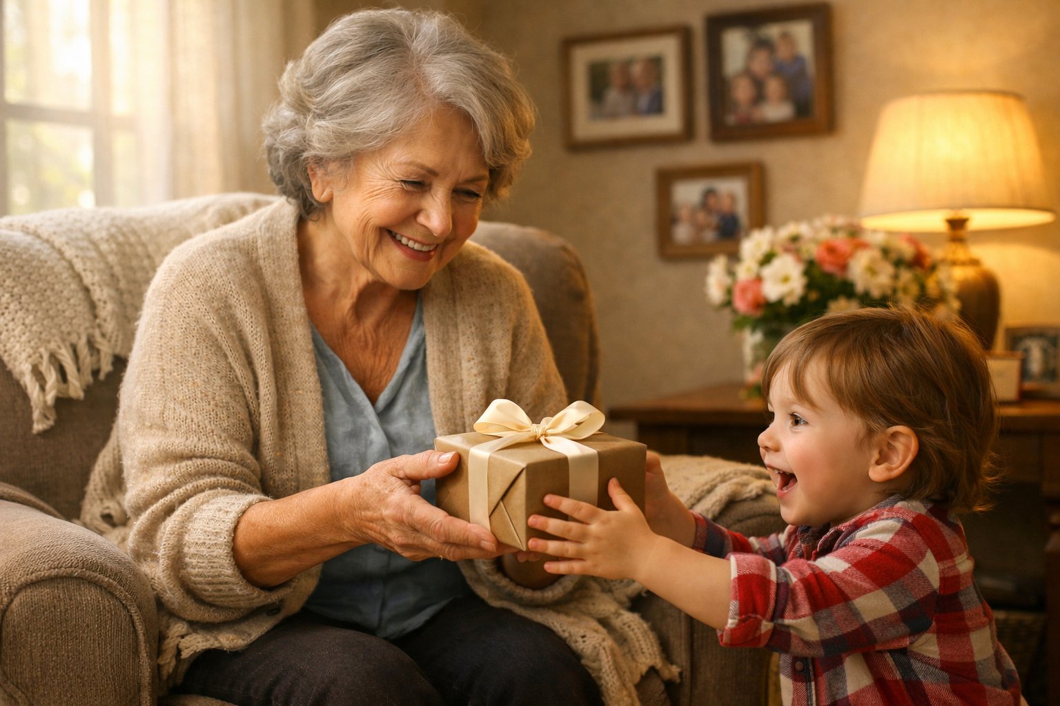 A grandmother hands a wrapped gift to her smiling grandchild in a cozy living room.