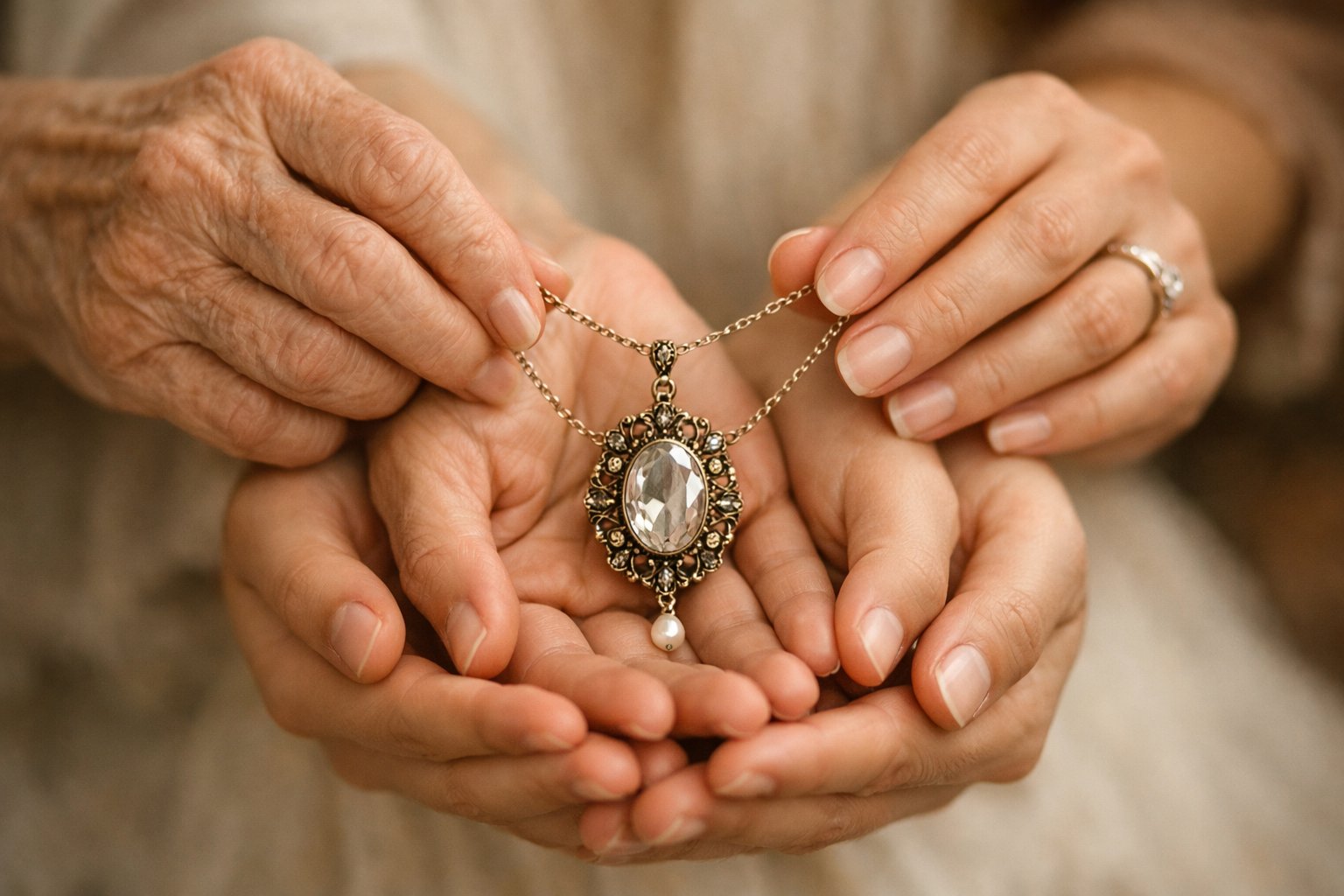 Three generations of hands holding a delicate necklace, symbolizing a family heirloom being passed down.