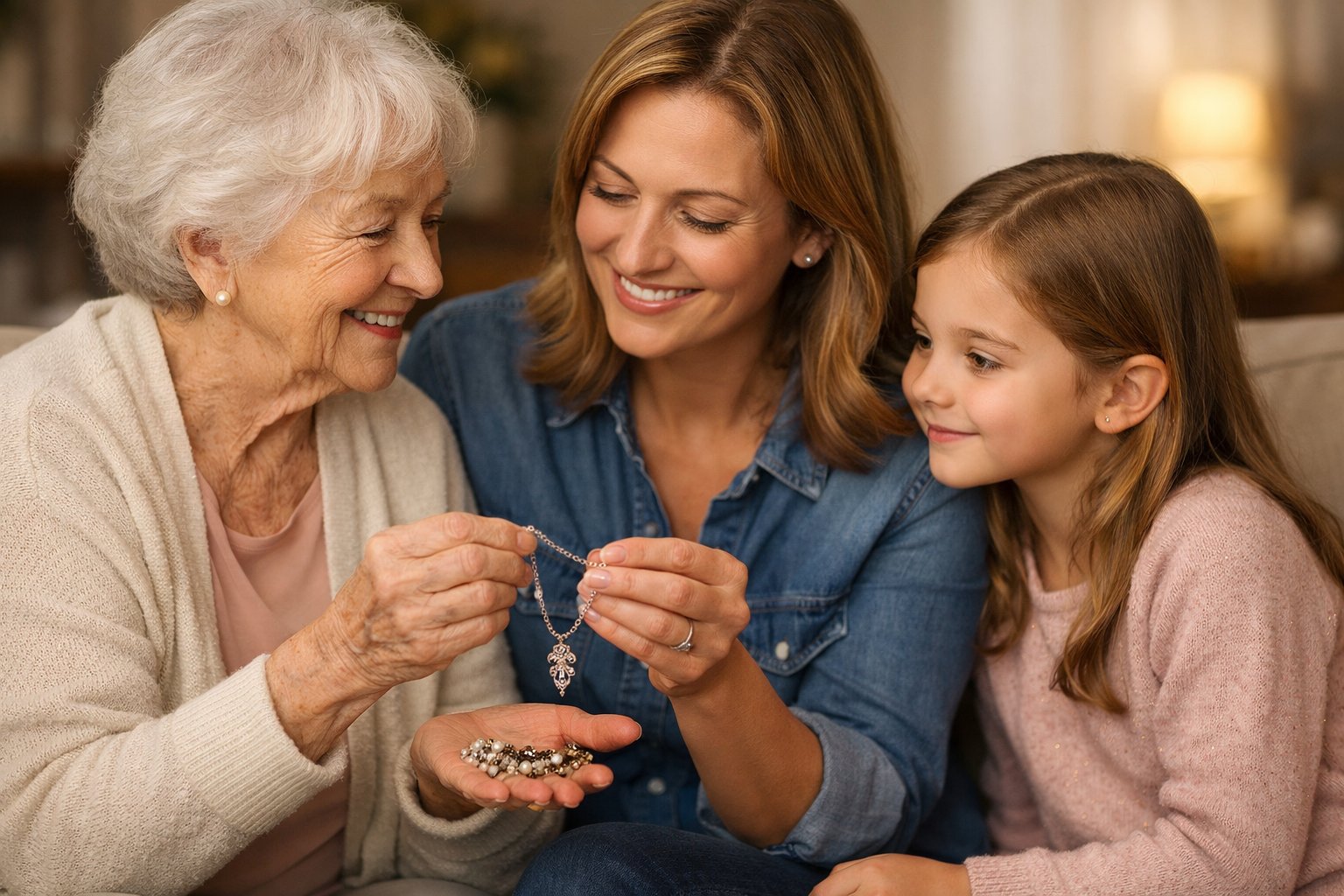 Three generations of women sharing and admiring a vintage necklace in a cozy living room.
