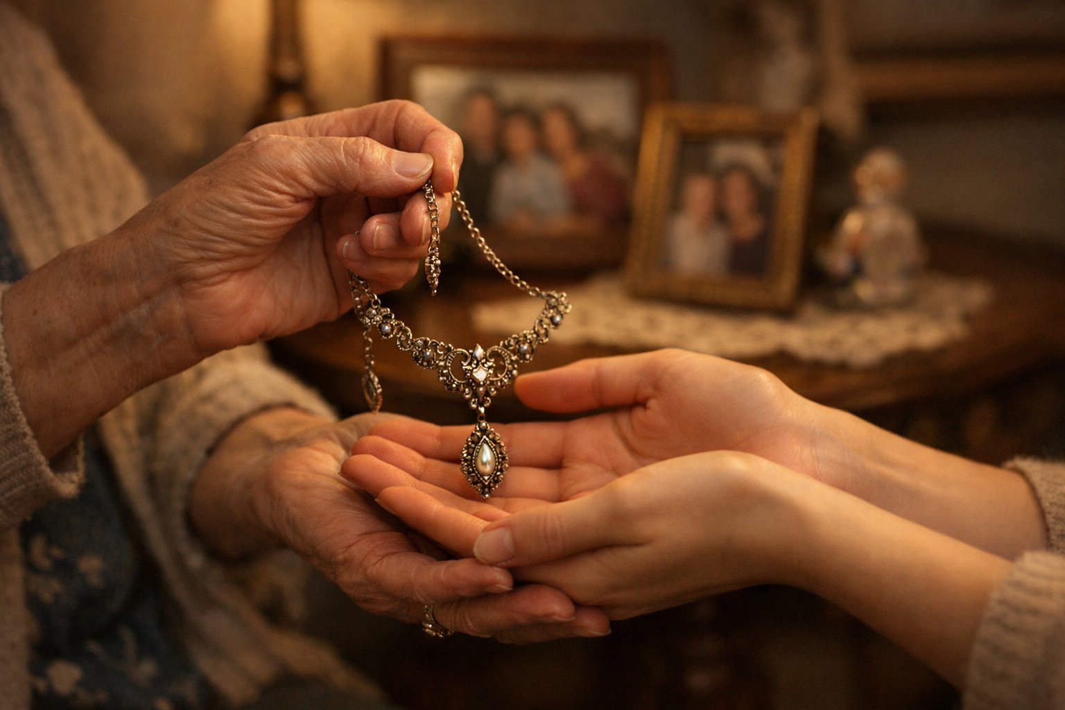 An older woman’s hands passing a vintage necklace to a younger woman’s hands in a cozy living room.