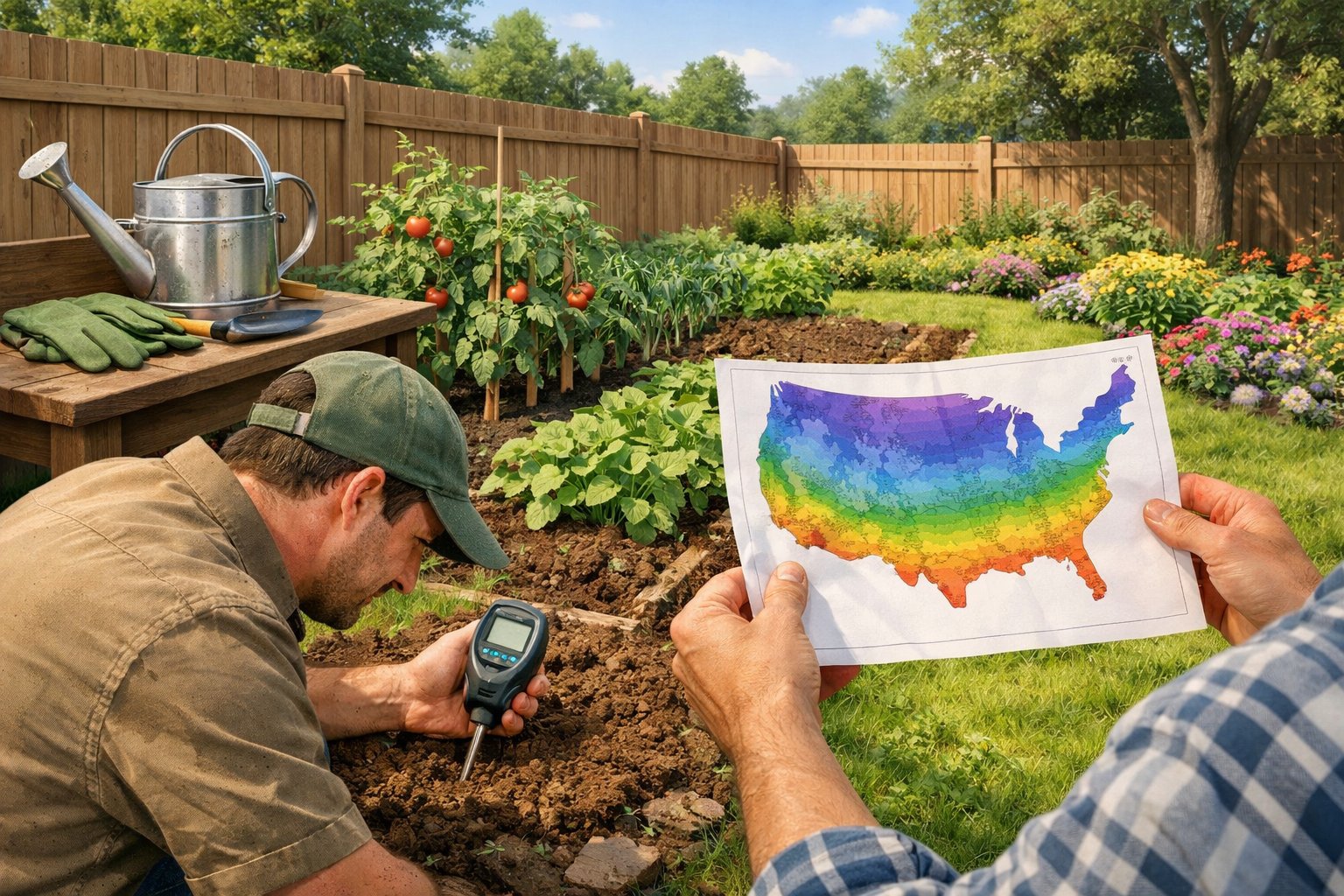 A backyard garden scene with a gardener testing soil and another person holding a USDA zone map, surrounded by plants, gardening tools, and a wooden fence.