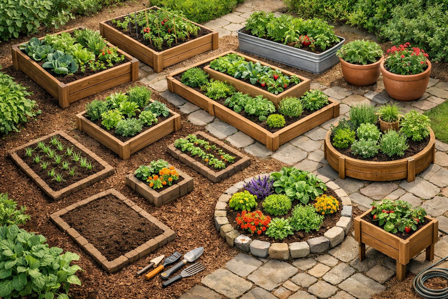 An outdoor garden scene showing various types and shapes of garden beds with different plants arranged neatly along pathways.