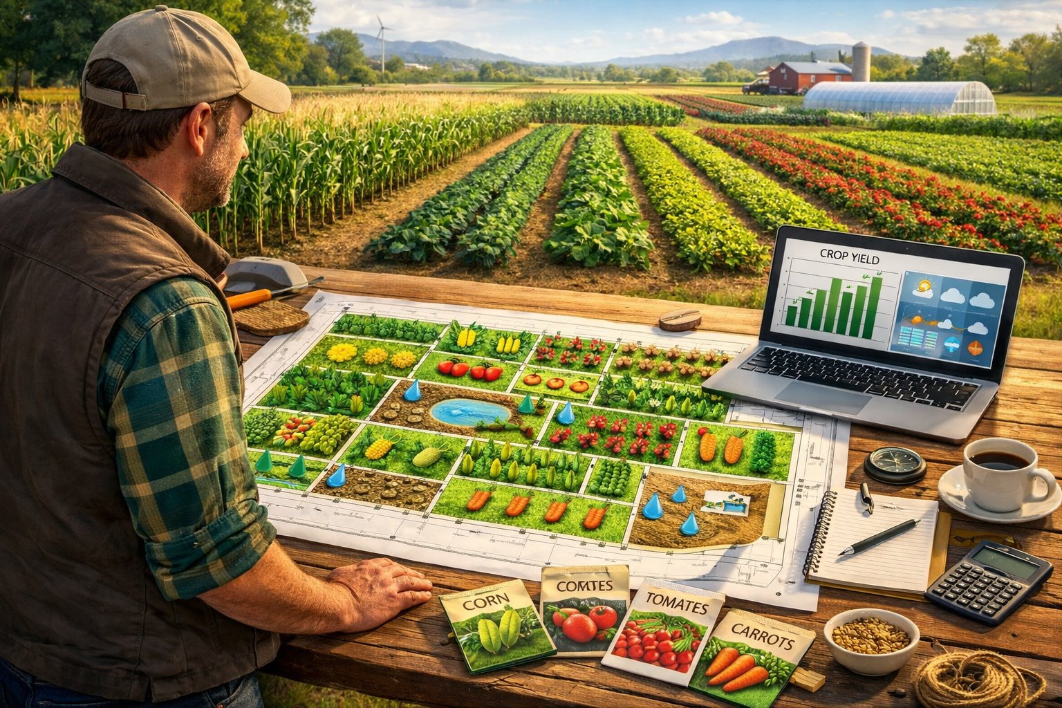 A farmer reviewing a detailed crop plan map on a table outdoors with farming tools and fields in the background.