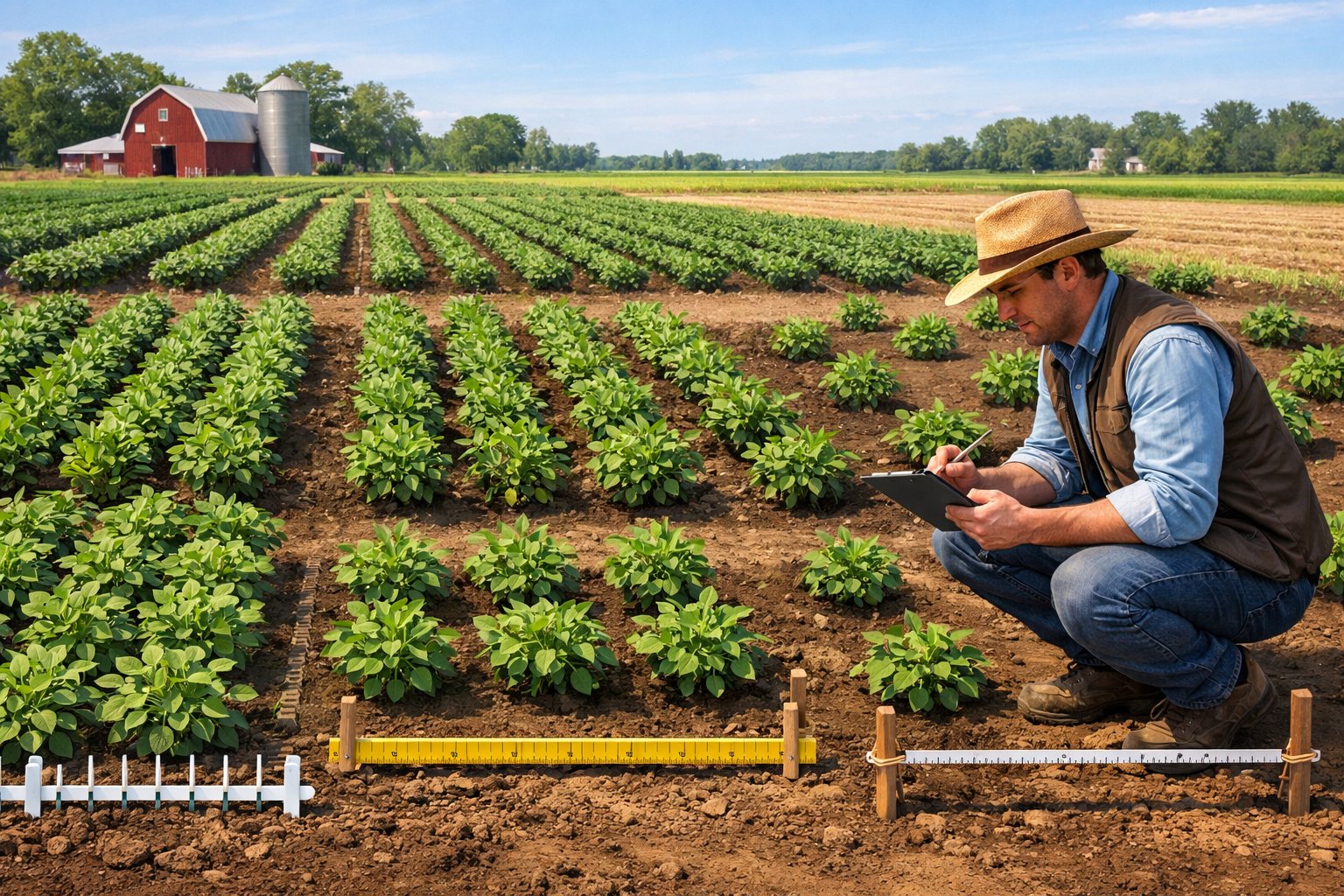 A field showing rows of green plants arranged with different spacing and density, with a person examining them using a clipboard.