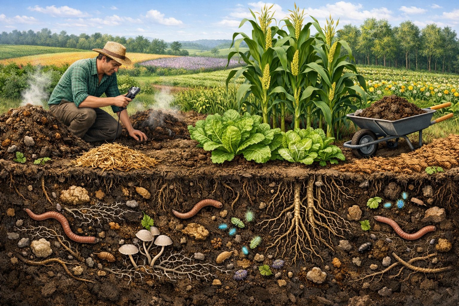 Cross-sectional view of healthy soil with earthworms and microbes, healthy crops growing above, a farmer testing soil, compost piles, and diverse fields showing sustainable farming practices.