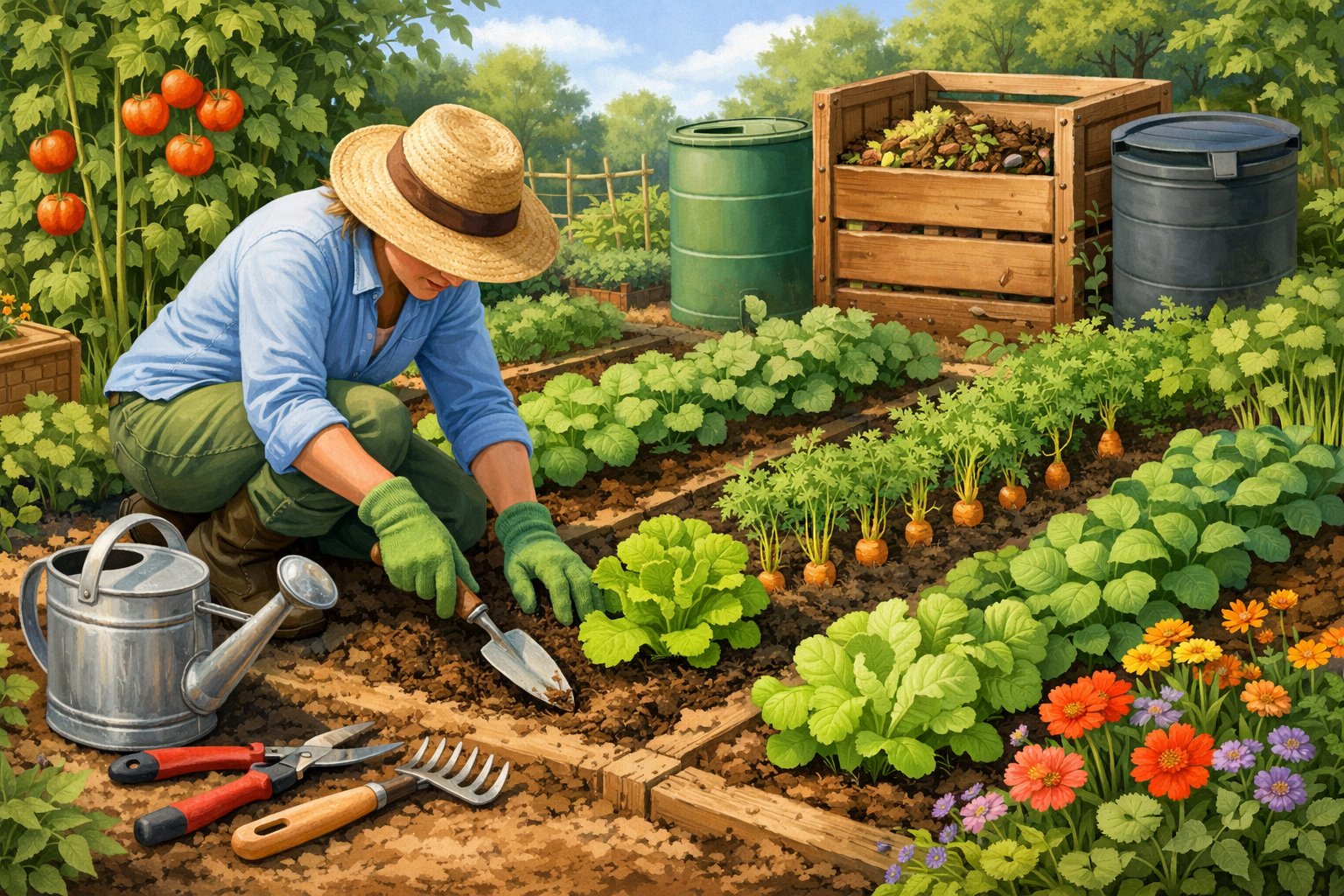 A gardener tending to plants in a well-organized garden with various gardening tools and sustainable gardening elements visible.