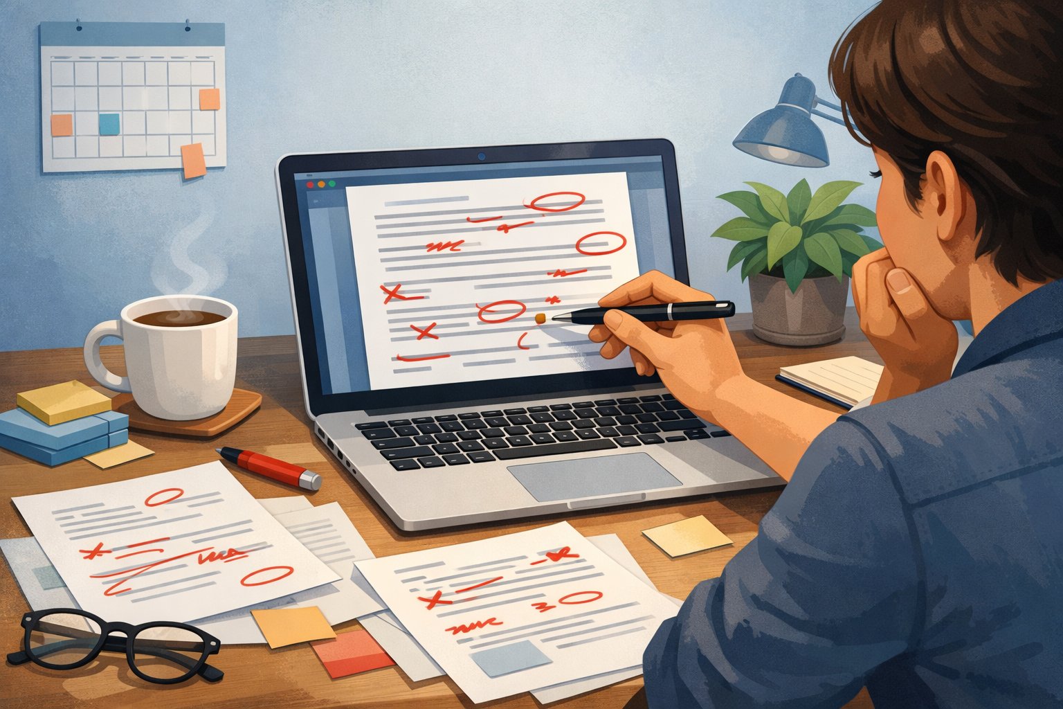 A person reviewing a document at a desk with notes and correction marks, surrounded by a laptop, coffee cup, and a plant.