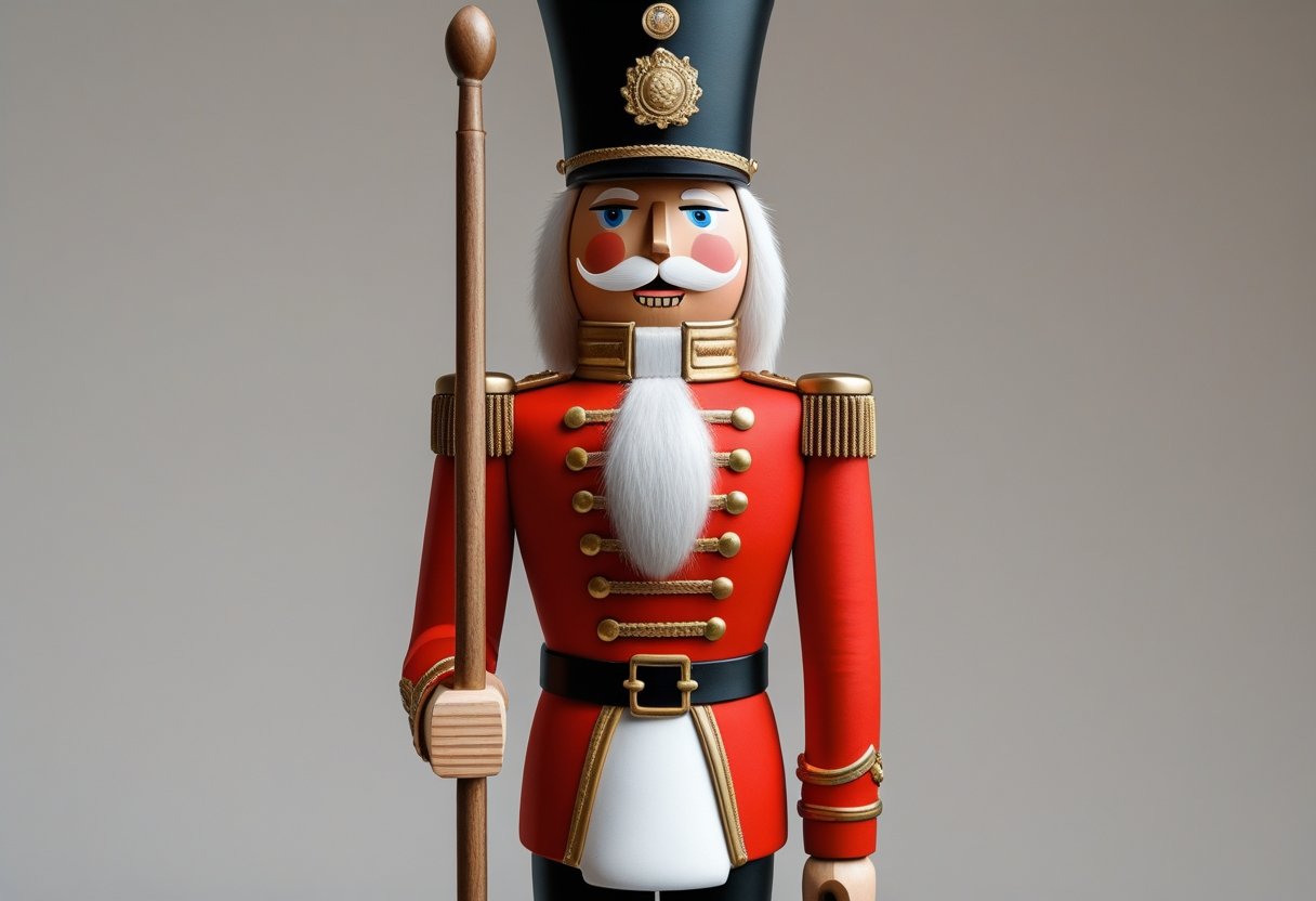 A classic nutcracker soldier dressed in a red and gold uniform holding a wooden staff.