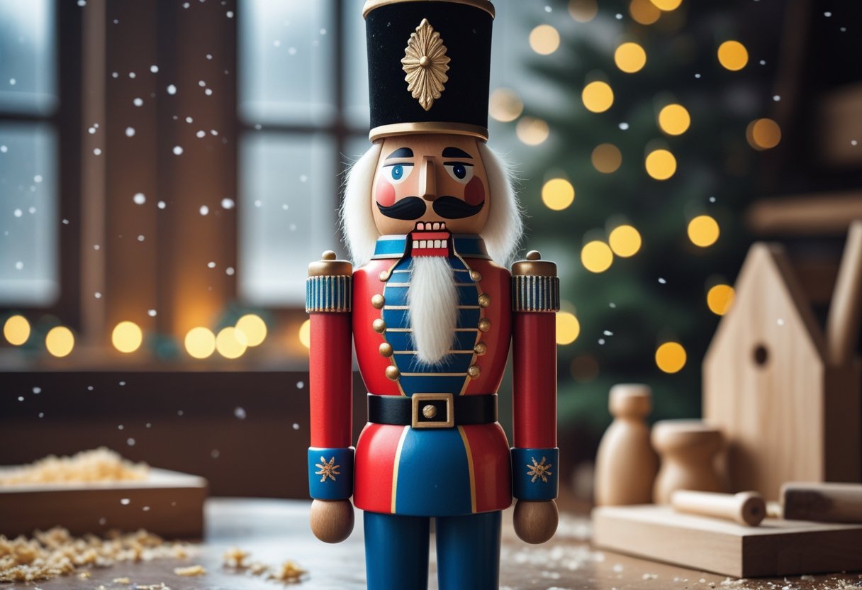 A traditional nutcracker soldier standing in a festive scene with snowflakes and glowing Christmas lights.