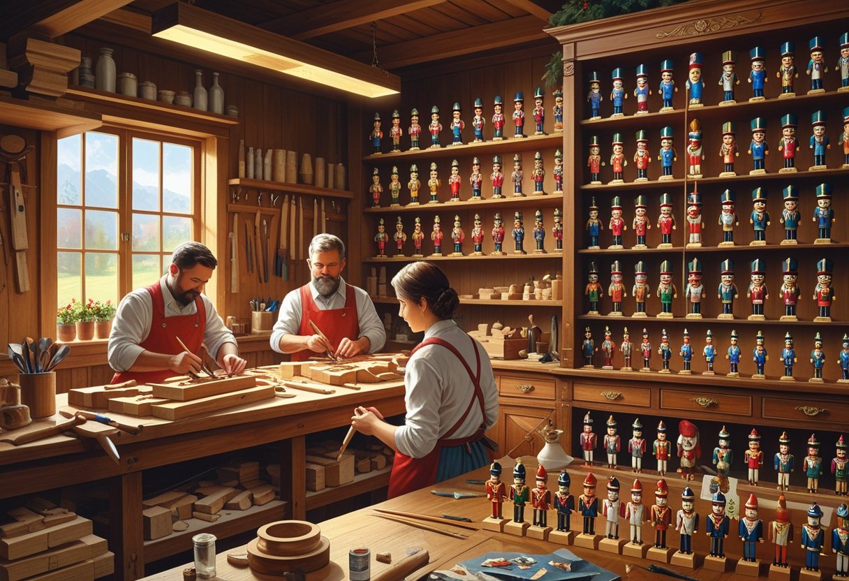 A workshop with artisans making and painting nutcracker soldiers, alongside a display cabinet filled with various nutcracker figures.