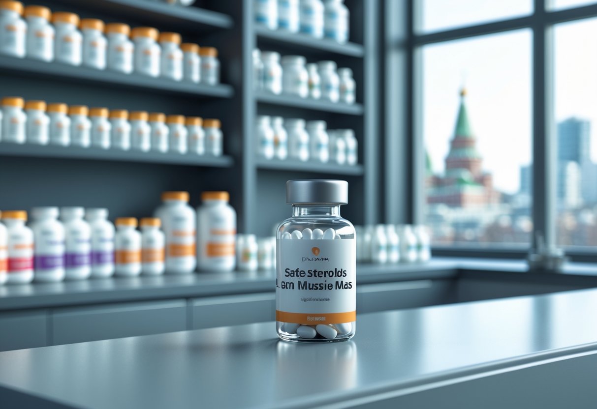 Интерьер современной аптеки в Москве с флаконом стероида для сухой массы на прилавке.