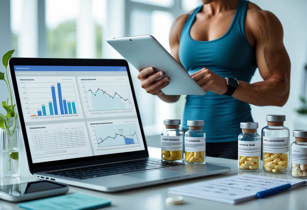 Человек в спортивной одежде изучает данные на планшете в светлом рабочем пространстве с лабораторным оборудованием и ноутбуком рядом.