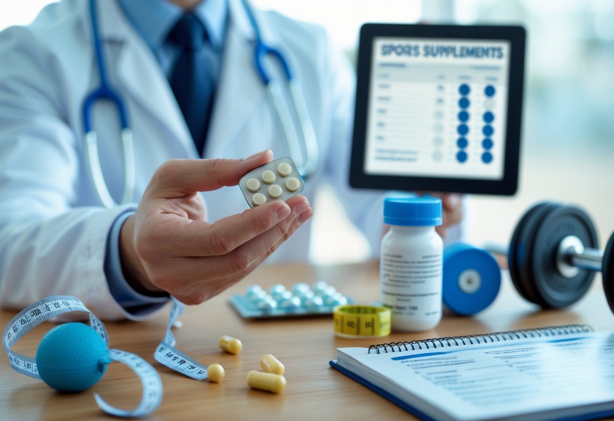 Рука держит небольшую бутылочку с таблетками на фоне спортивных аксессуаров и записей о дозировке.