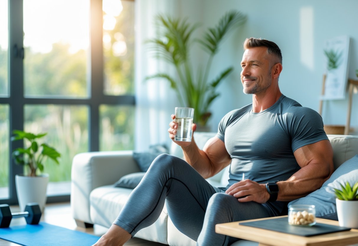 Мужчина в спортивной одежде сидит в светлой комнате с естественным освещением, держит стакан воды, рядом лежат спортивные принадлежности и контейнер с добавками.