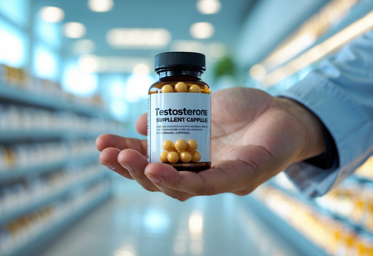 Рука мужчины держит бутылочку с капсулами тестостерона на фоне аптеки.