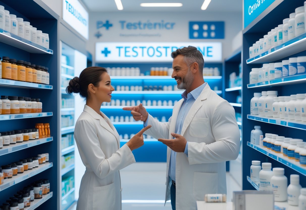 Мужчина консультируется с фармацевтом в магазине спортивных добавок рядом с полками с тестостероновыми препаратами.