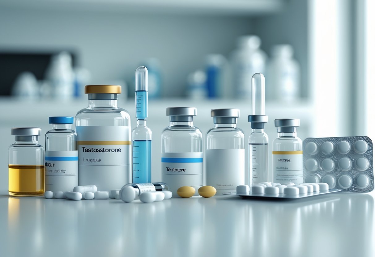 Разнообразные препараты с тестостероном, аккуратно расположенные на белом столе в медицинской обстановке.