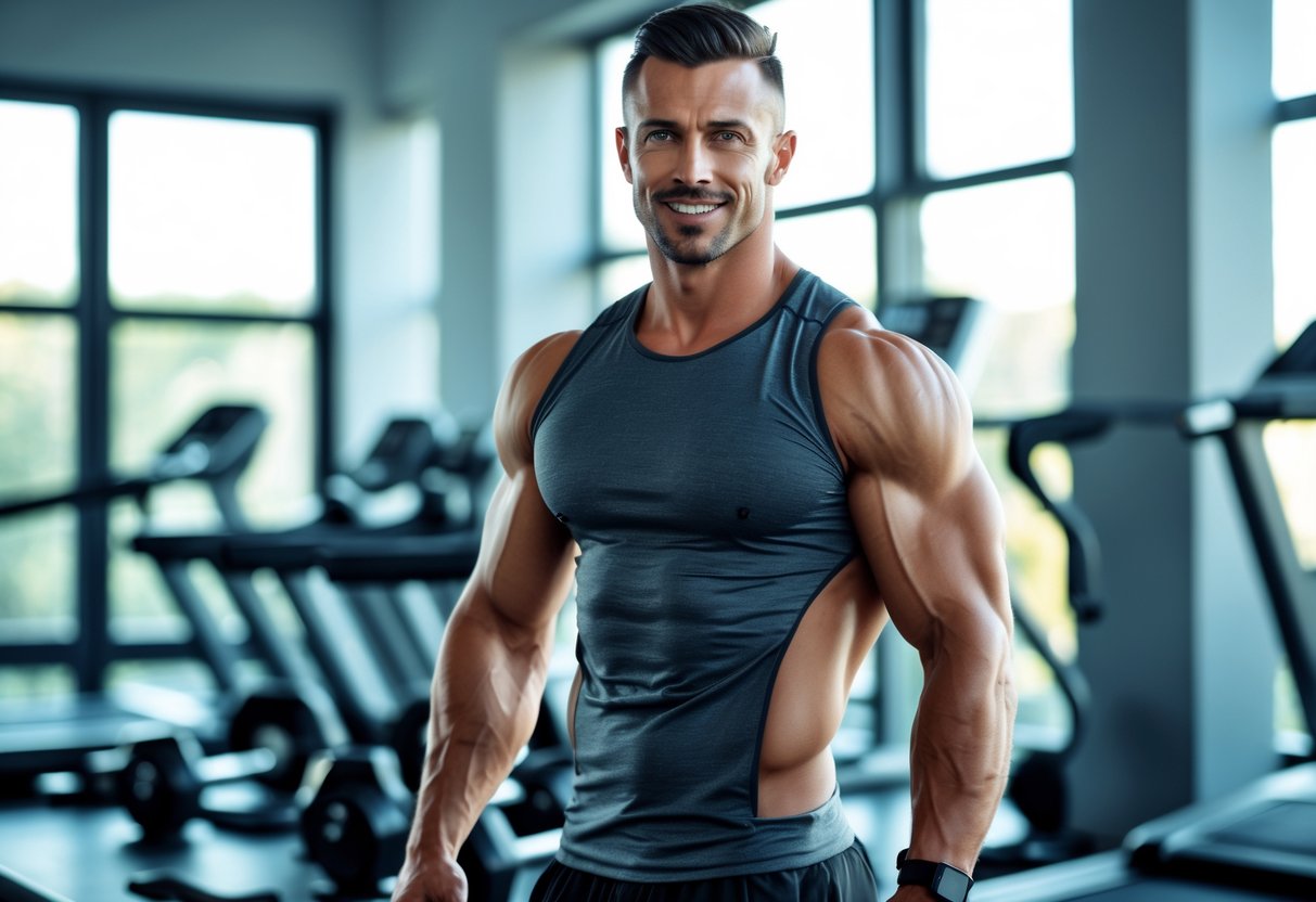 Спортсмен в спортивной одежде стоит в зале с тренажерами и спортивным инвентарём, рядом находятся баночки с добавками.