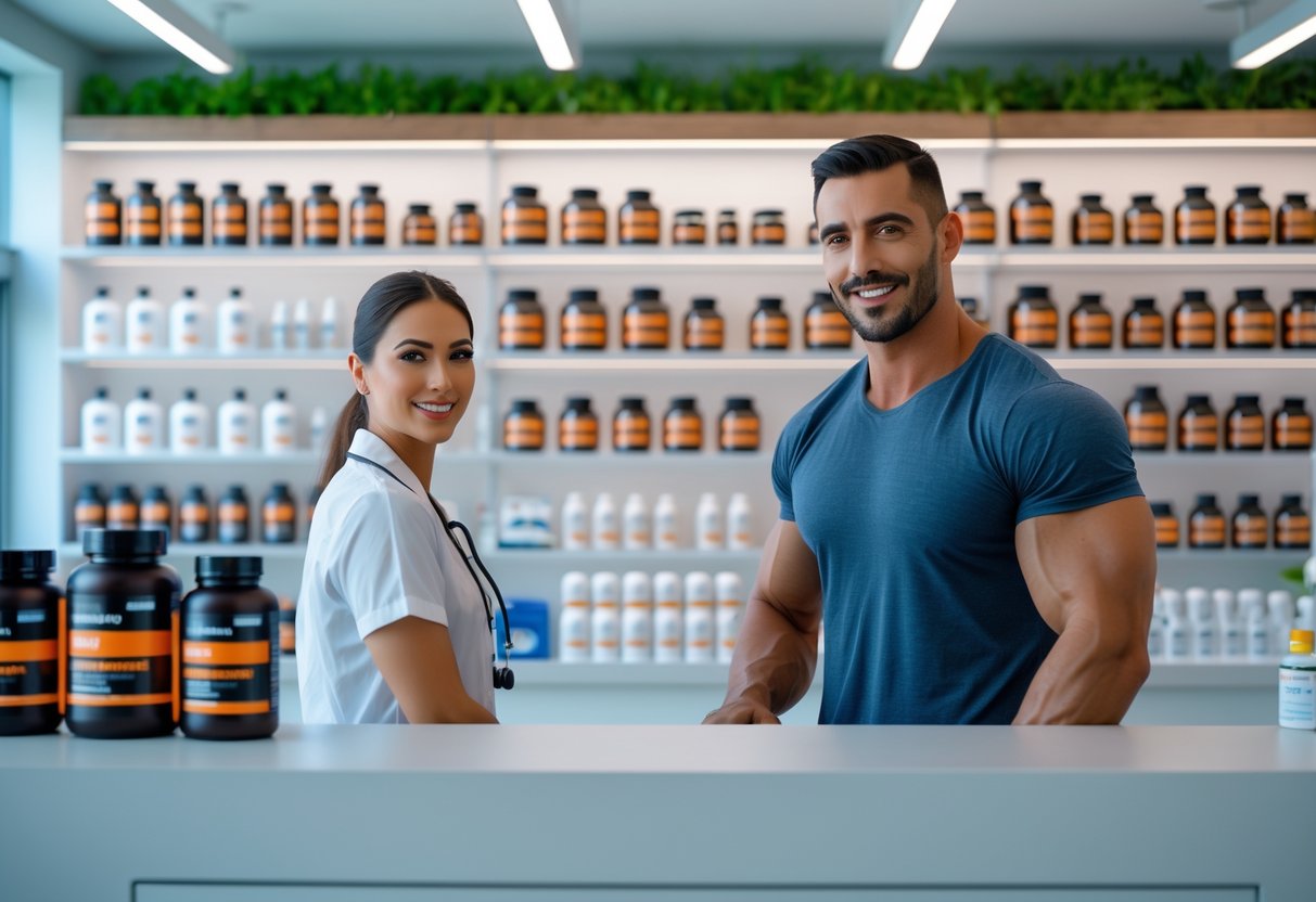 Мужчина консультируется с фармацевтом в современном магазине спортивного питания.