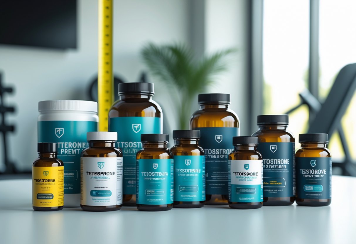 Разнообразие бутылок и упаковок с тестостероном на белом столе с размытыми элементами спортивного инвентаря на заднем плане.