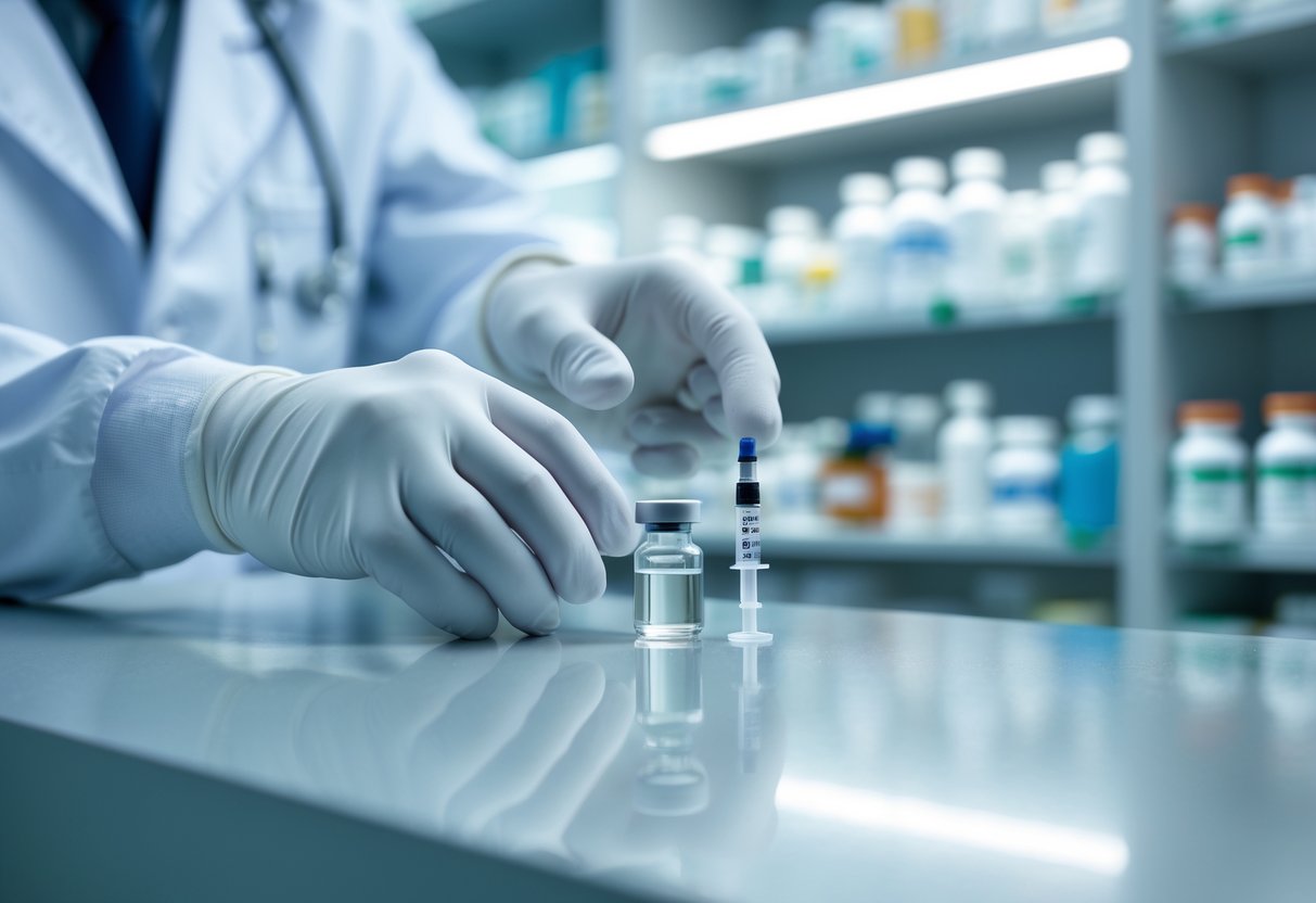 Руки фармацевта в белых перчатках держат стеклянный флакон и шприц на стерильном столе в аптеке.