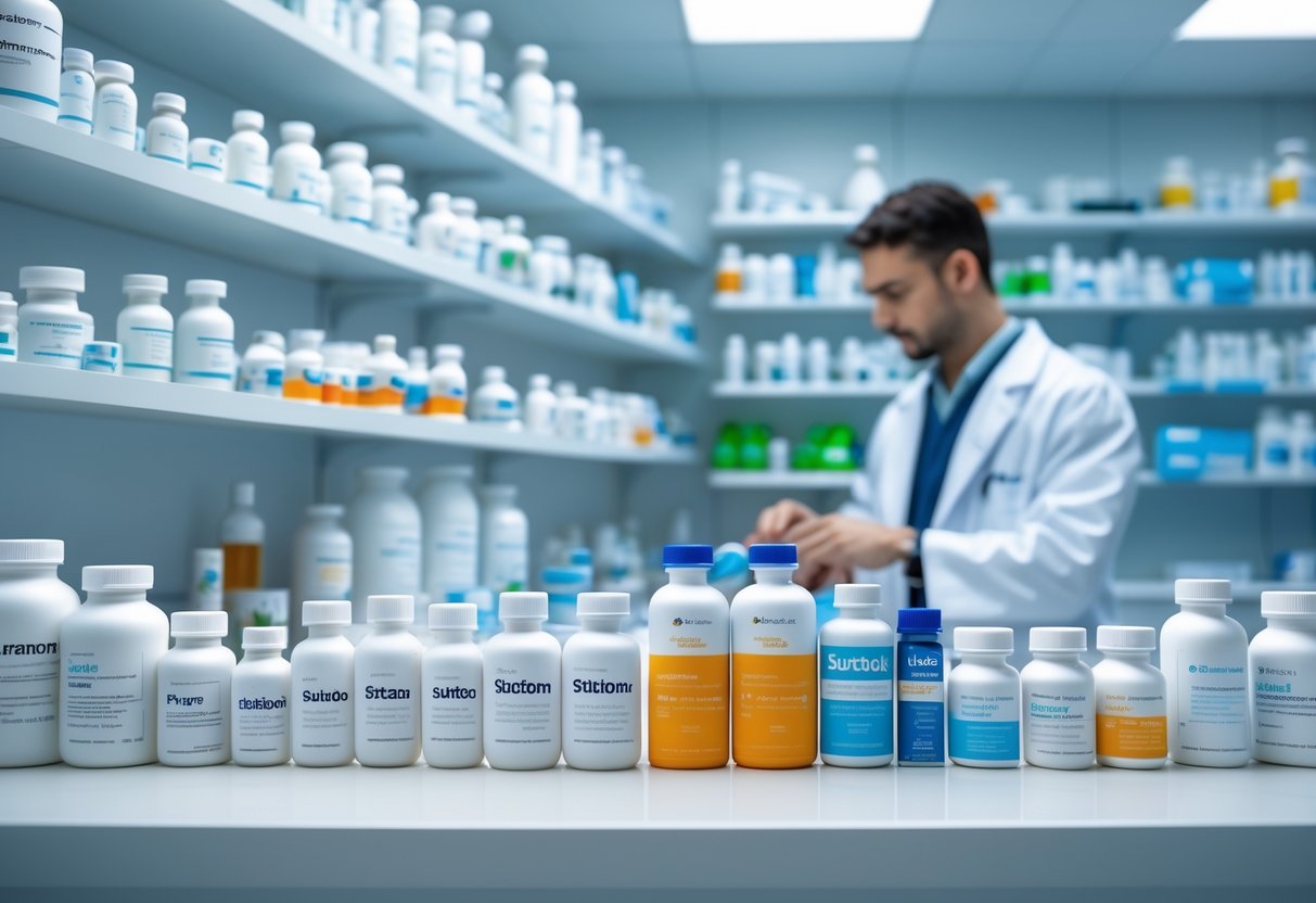 Аптека с лекарственными препаратами на полках и фармацевтом в белом халате, готовящим лекарства.