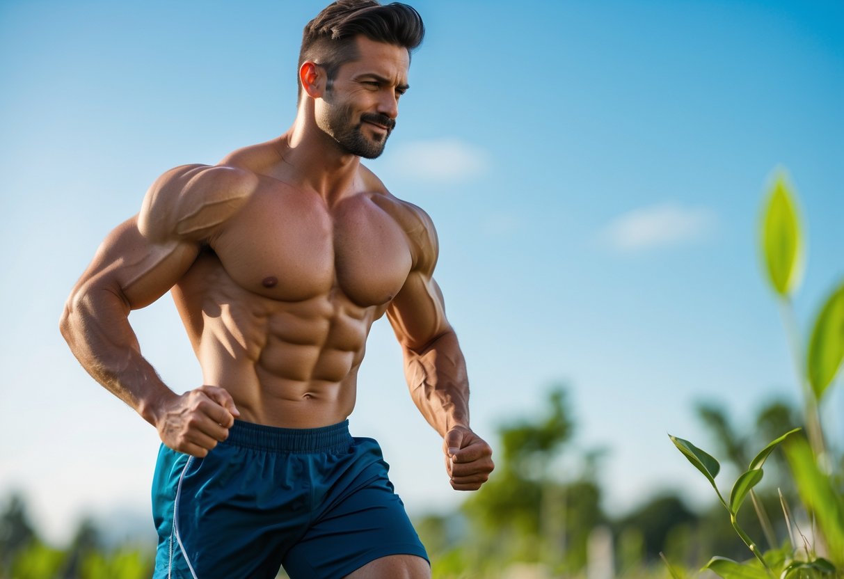 Мужчина среднего возраста занимается физическими упражнениями на открытом воздухе, выглядит энергичным и здоровым.