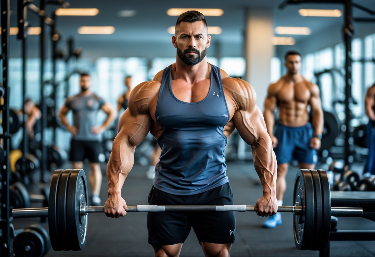 Мужчина в спортивной одежде поднимает штангу в тренажерном зале с другим занимающимися спортсменами.