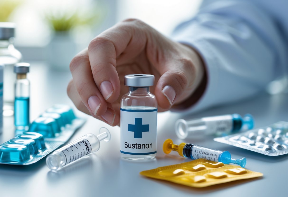 Рука держит медицинский флакон с лекарством на столе с другими медицинскими принадлежностями.