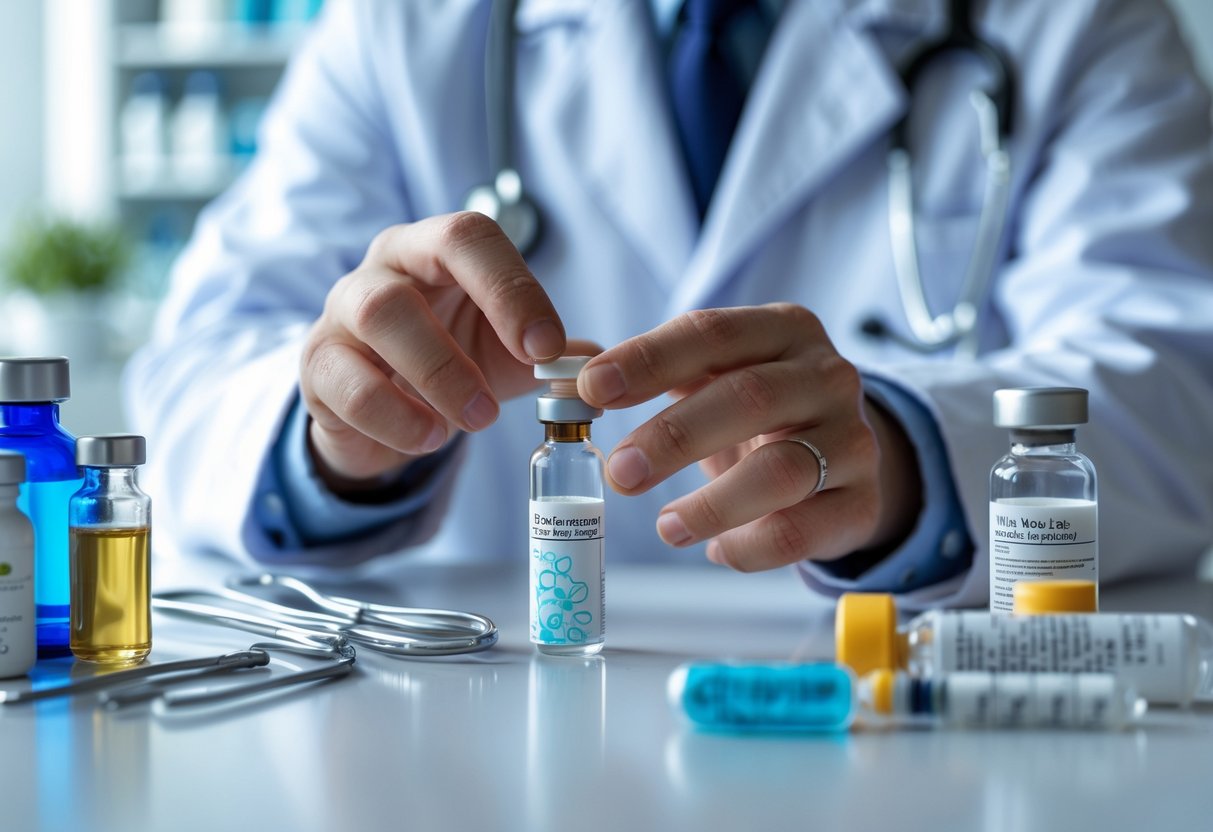 Фармацевт в белом халате держит небольшую ампулу с лекарством на фоне аптечного стола с медицинскими принадлежностями.