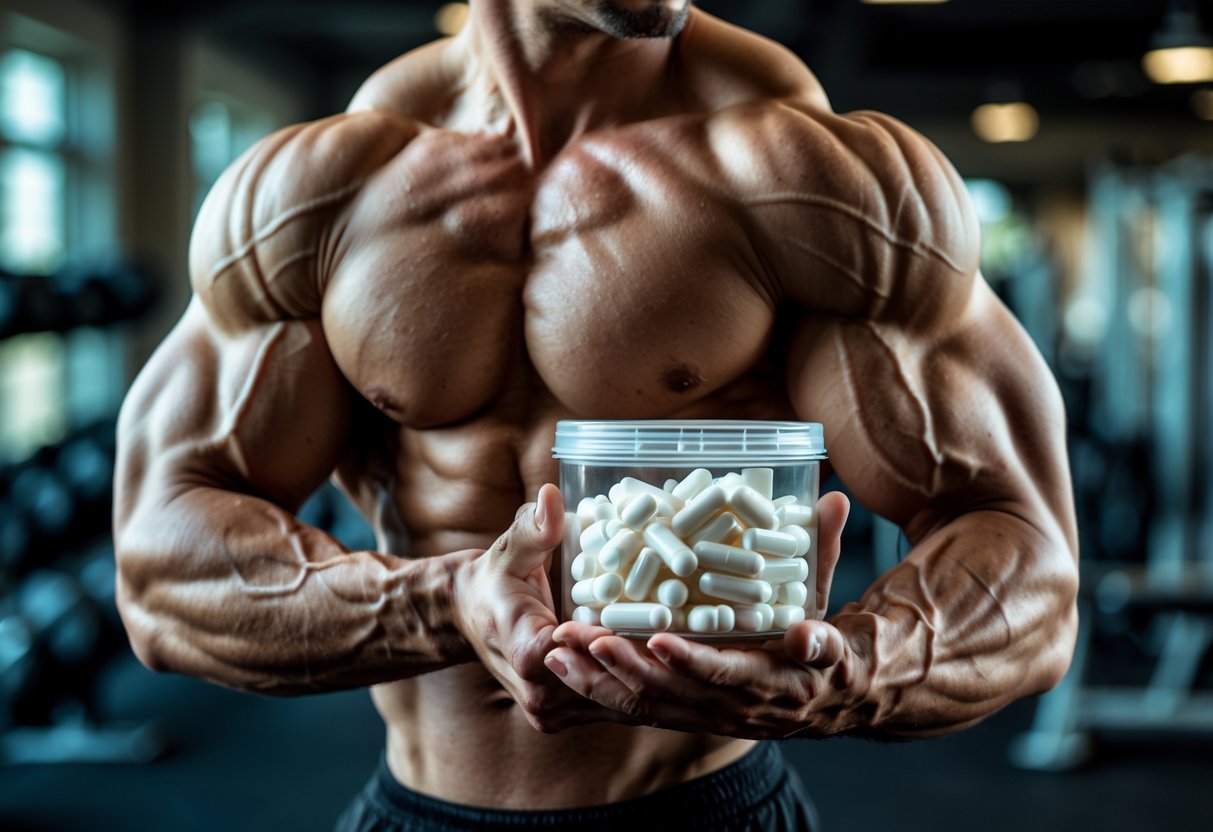 Мужчина с мускулистой рукой держит контейнер с капсулами в тренажерном зале.