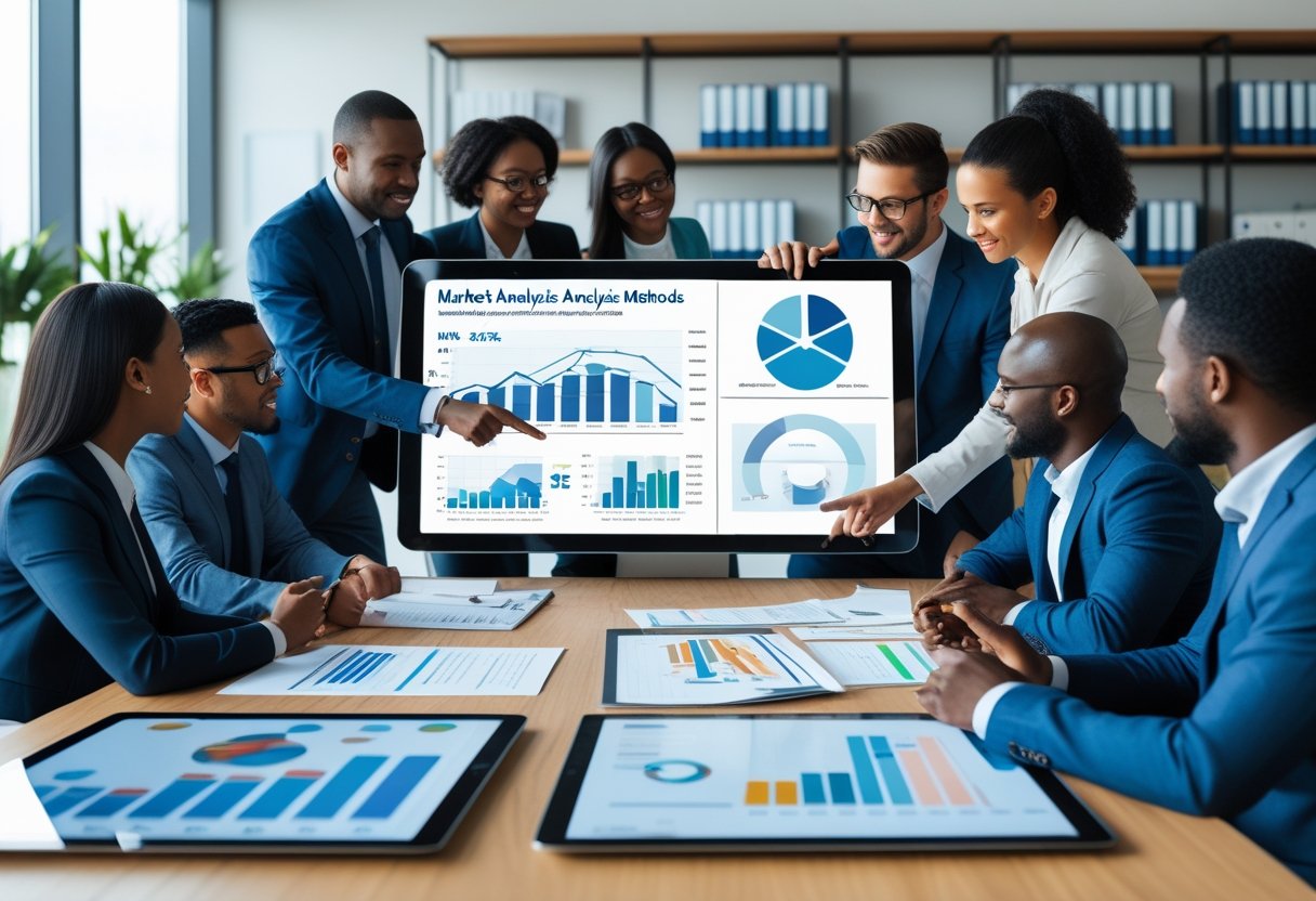 Methoden der Marktanalyse: Ein Überblick über bewährte Analyseverfahren für Unternehmen 1 Geschäftsleute in einem modernen Büro, die gemeinsam Marktanalysediagramme auf Bildschirmen und Papier untersuchen.