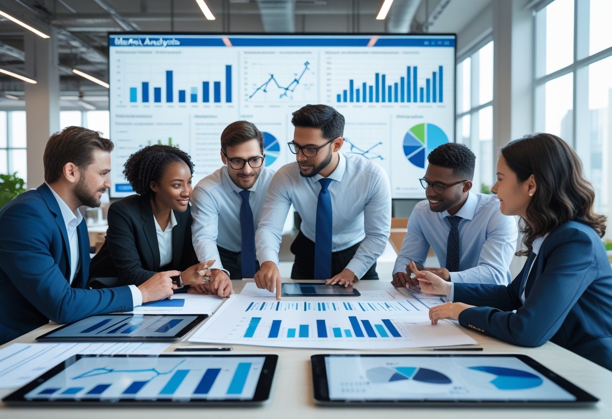 Methoden der Marktanalyse: Ein Überblick über bewährte Analyseverfahren für Unternehmen 2 Geschäftsleute arbeiten gemeinsam an einem Tisch mit Diagrammen und digitalen Geräten zur Marktanalyse in einem hellen Büro.