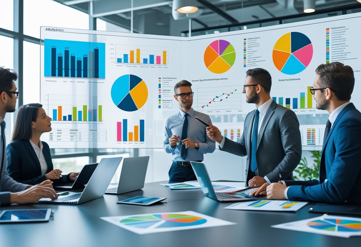 Methoden der Marktanalyse: Ein Überblick über bewährte Analyseverfahren für Unternehmen 3 Geschäftsleute analysieren gemeinsam verschiedene Diagramme und Daten in einem modernen Büro.