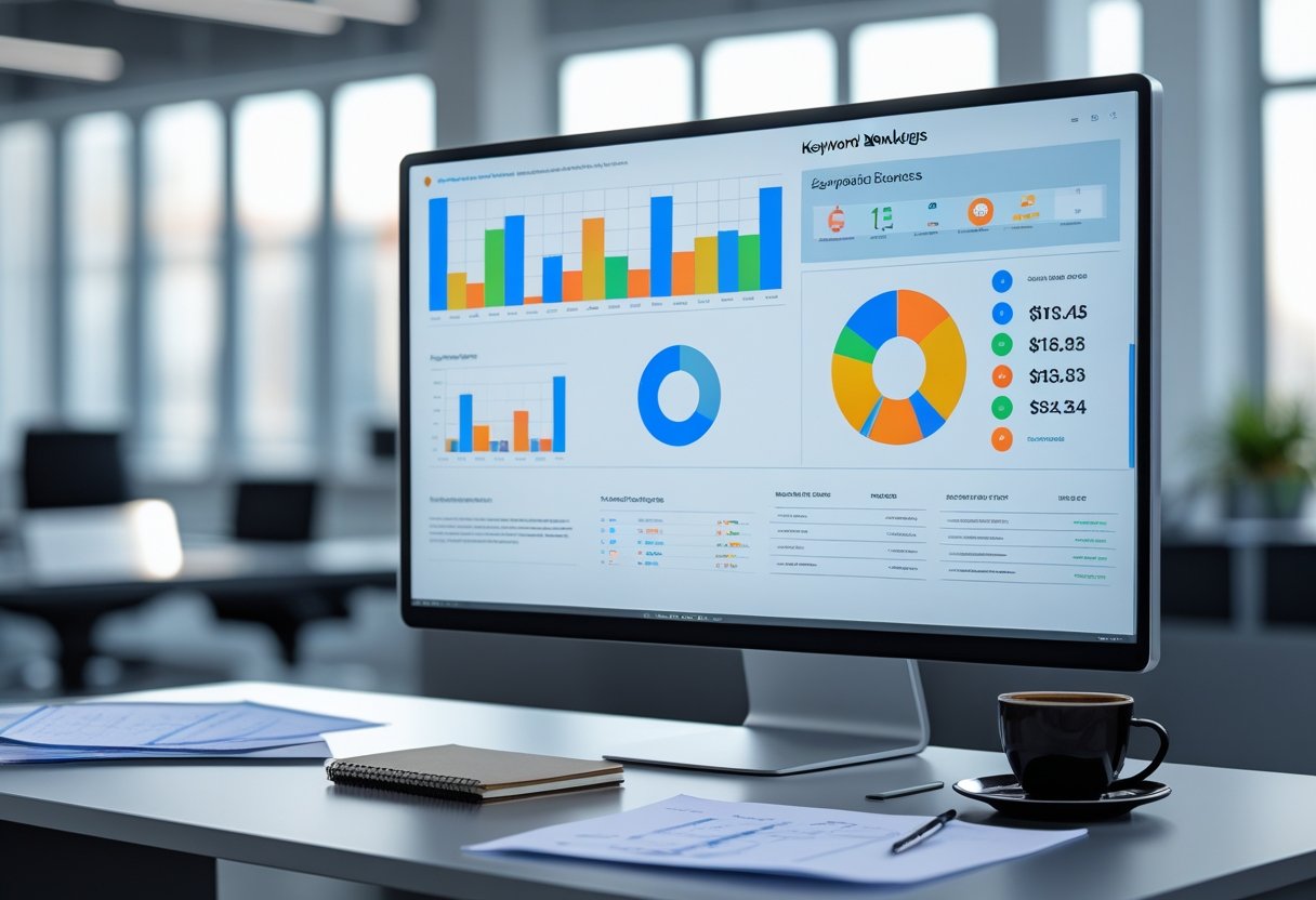 Ein moderner Arbeitsplatz mit Computerbildschirm, der bunte Diagramme zeigt, und einem Schreibtisch mit Berichten und Notizbuch in einem hellen B&uuml;ro.