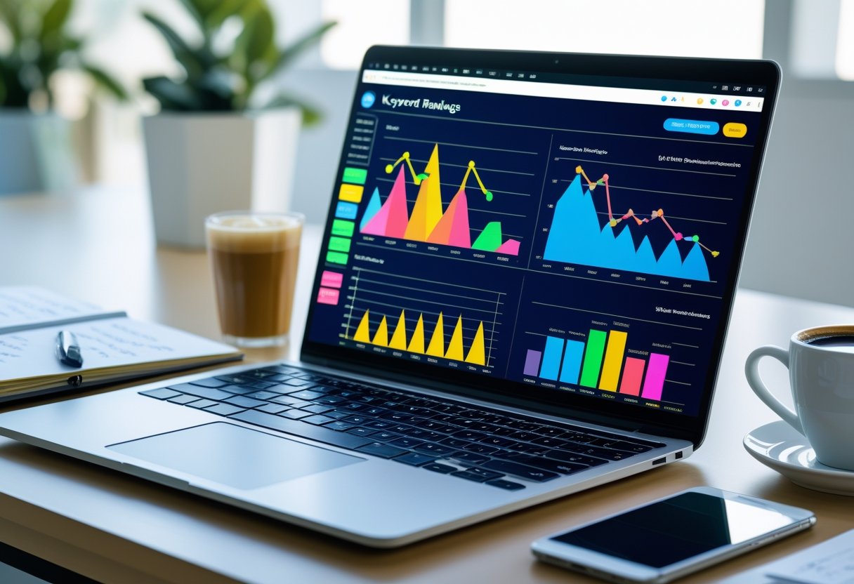 Ein moderner Arbeitsplatz mit einem Laptop, der farbige Diagramme und Grafiken zur Keyword-Analyse zeigt, umgeben von Notizen, einem Smartphone und einer Kaffeetasse.