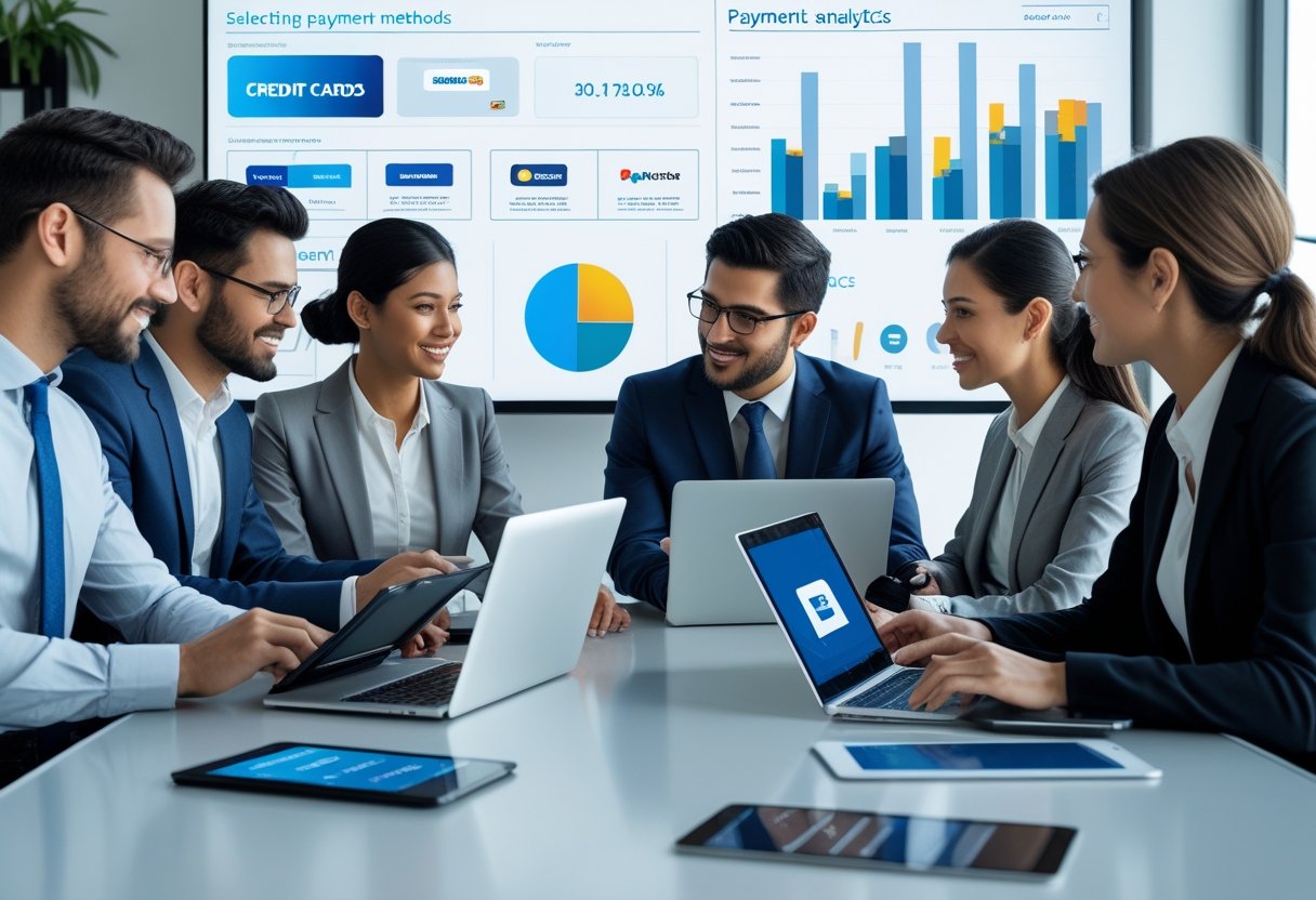 Menschen in einem modernen B&uuml;ro diskutieren Zahlungsarten f&uuml;r ein E-Commerce-Unternehmen am Konferenztisch mit Laptops und Tablets.