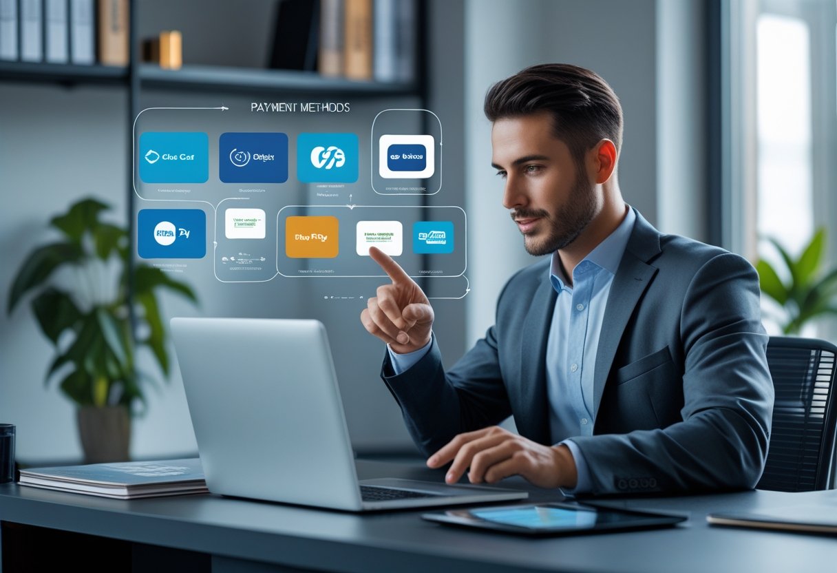 Eine Person sitzt an einem Schreibtisch vor einem Laptop und betrachtet verschiedene Zahlungsmethoden f&uuml;r ein E-Commerce-Unternehmen.