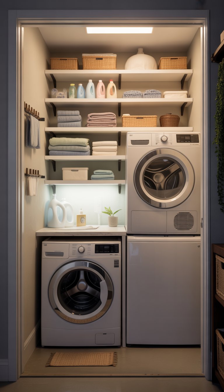 Small laundry room with stacked washer and dryer, shelves holding laundry supplies, and a tall storage cabinet.