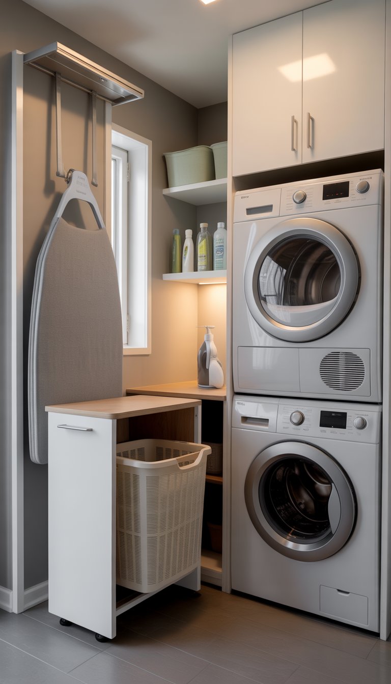 Small laundry room with stacked washer and dryer, wall-mounted ironing board, and built-in storage cabinets.