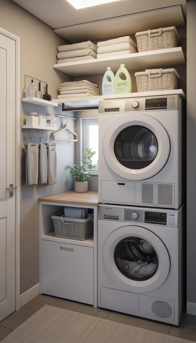 A small laundry room with stacked washer and dryer, floating shelves with laundry supplies, a folding station, and organized storage solutions.