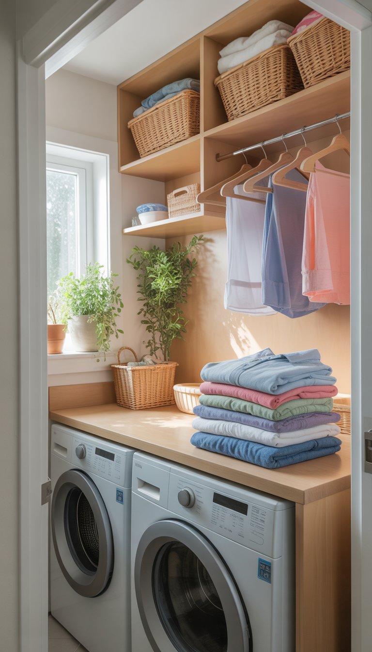 Small laundry room with washer and dryer, folding counter with folded clothes, shelves with baskets, hanging clothes, and plants.
