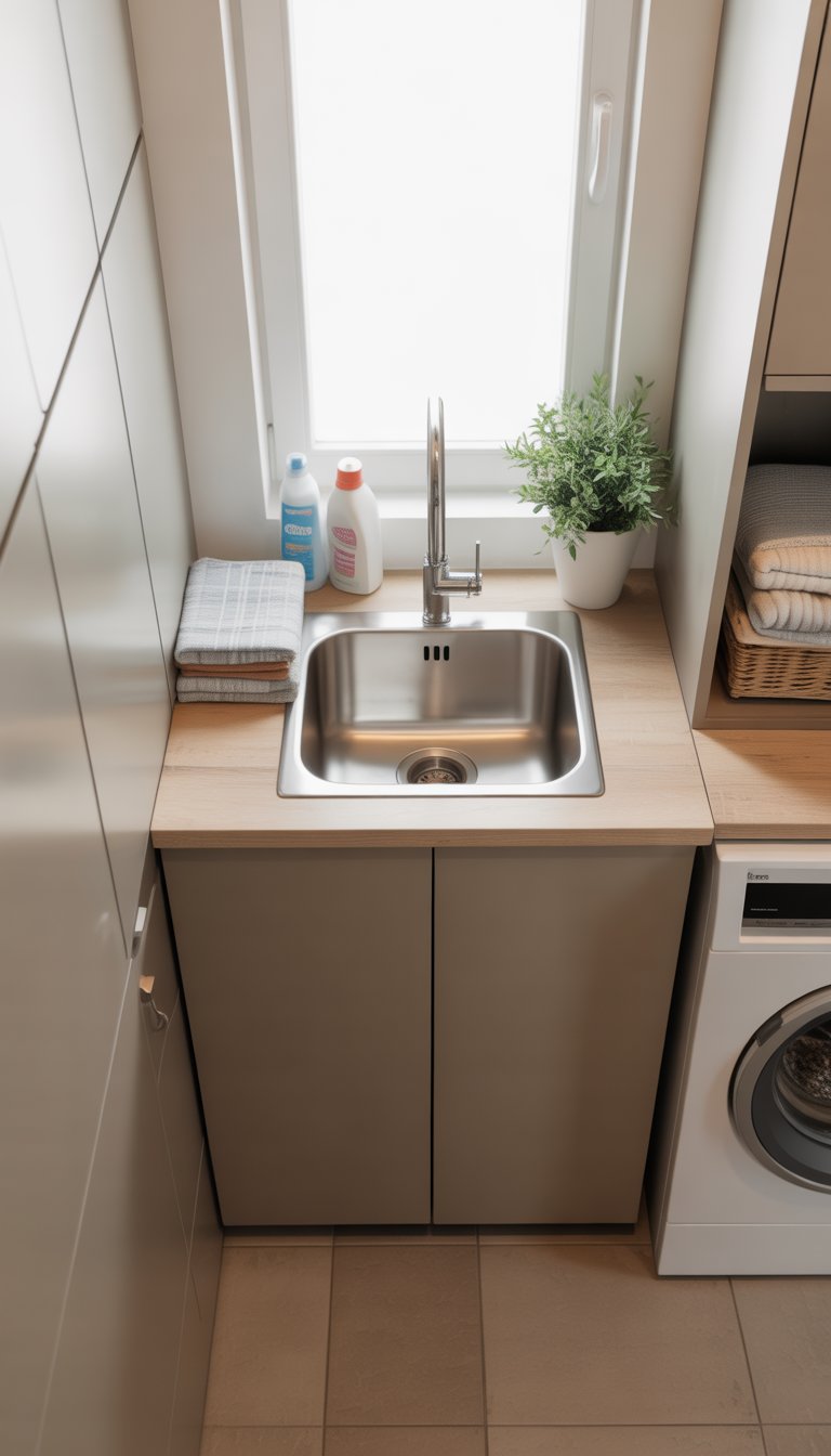 Small laundry room with a compact sink, countertop, folded towels, laundry supplies, and a small potted plant.