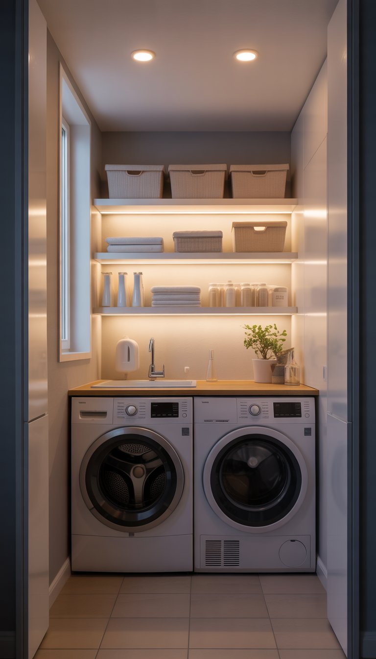 Small laundry room with stacked washer and dryer, floating shelves, warm LED lighting, and a small window letting in natural light.