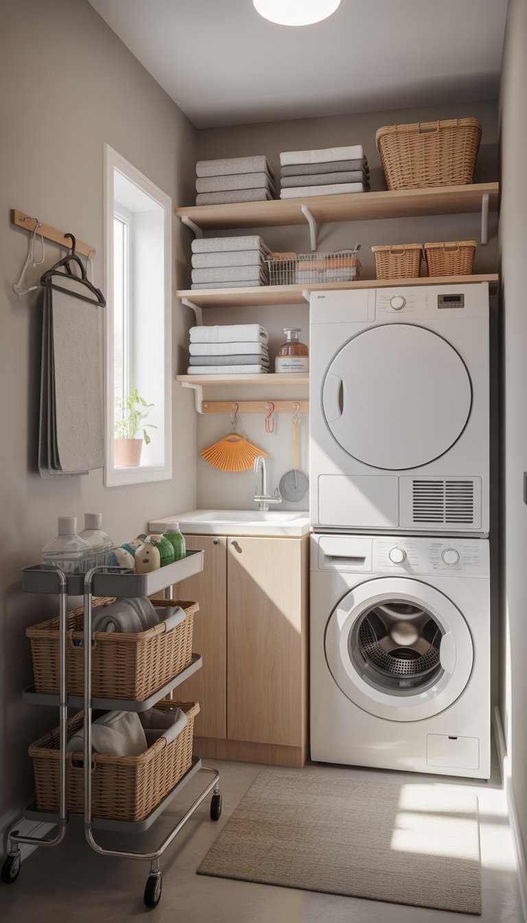 A small, organized laundry room with a stacked washer and dryer, wall shelves with laundry supplies, and space-saving storage accessories.