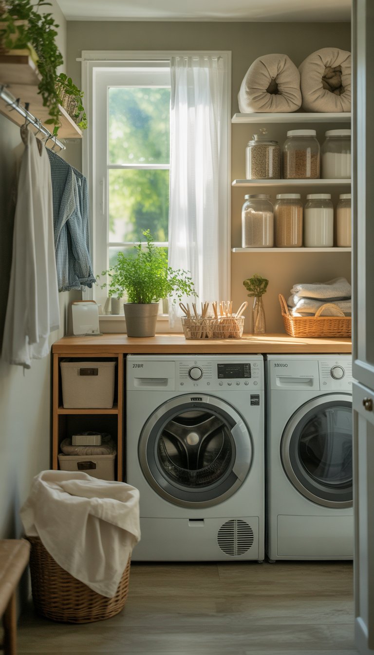 A small laundry room with a washing machine and dryer, shelves with eco-friendly laundry supplies, a potted plant, and natural light coming through a window.