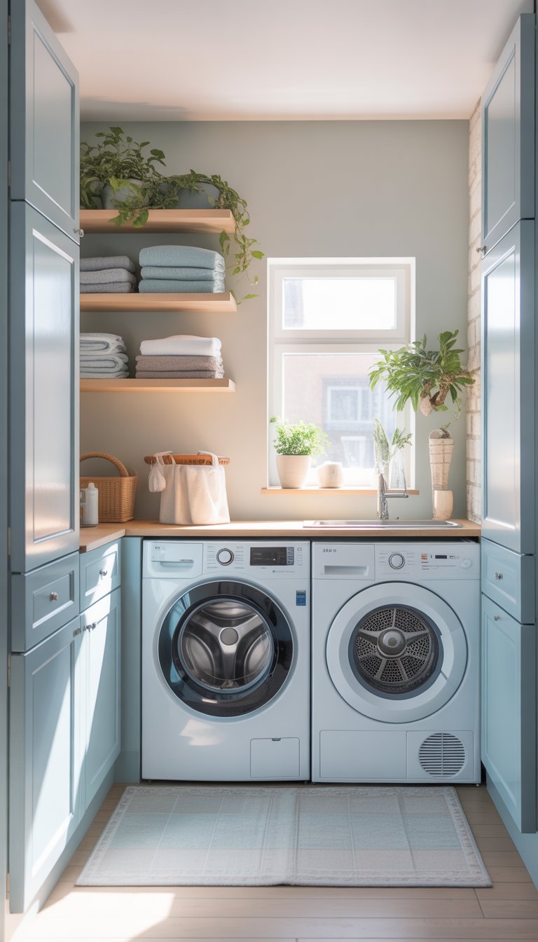 A small laundry room with a washing machine and dryer, white cabinets with blue accents, natural wood shelves, potted plants, and a window letting in natural light.