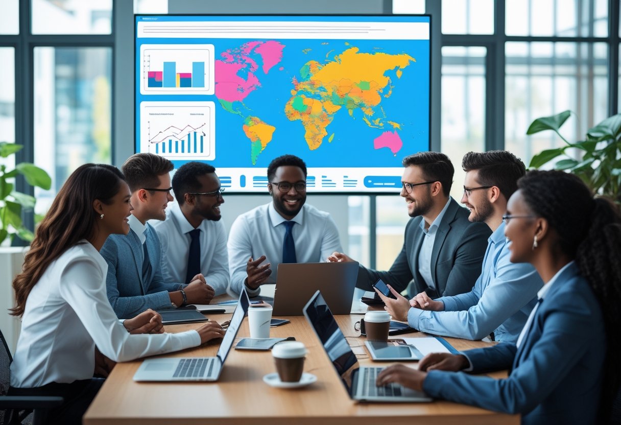 Local SEO Tipps: Effektive Strategien für Regionale Sichtbarkeit 2 Eine Gruppe von Geschäftspersonen diskutiert in einem modernen Büro über lokale Suchmaschinenoptimierung mit digitalen Grafiken und Karten auf einem Bildschirm.