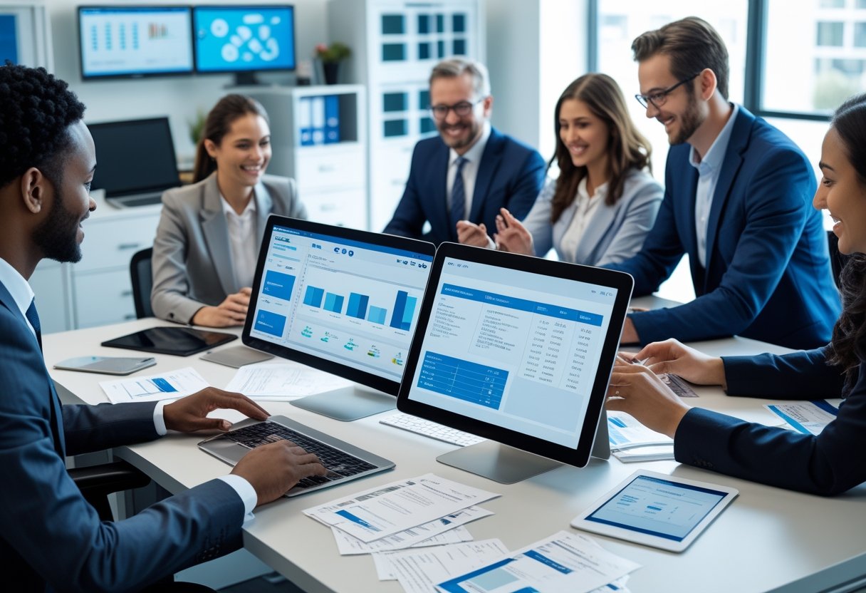 Mehrere Personen arbeiten gemeinsam an digitalen Ger&auml;ten, um Rechnungen und Belege zu digitalisieren.