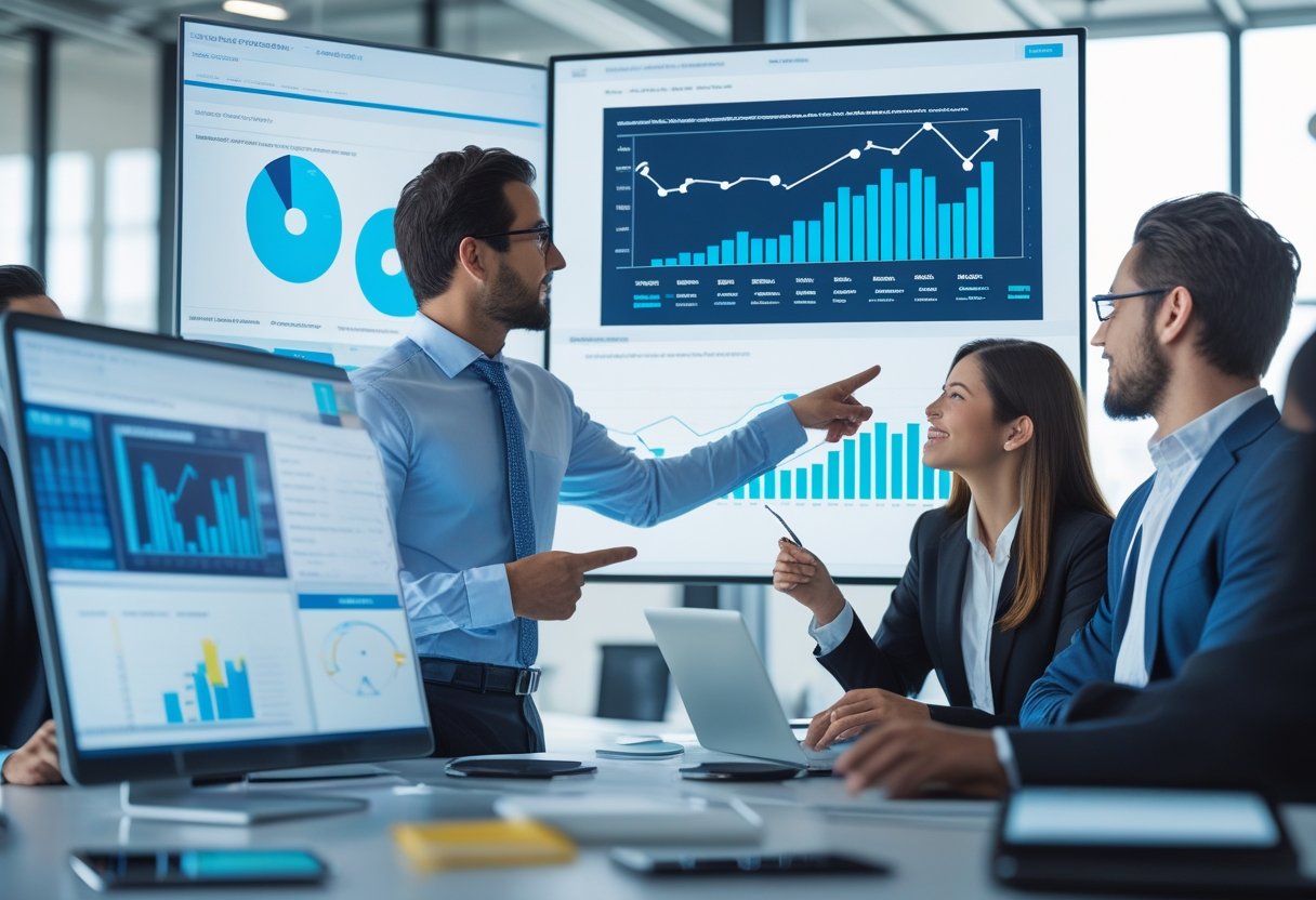 Gesch&auml;ftsleute analysieren digitale Diagramme in einem modernen B&uuml;ro, um Conversion Rates zu verbessern.